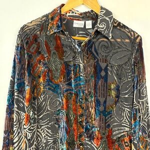 Chico's Velvet Burnout Button Down Whimsigoth Fairy Shirt Sz 0 = M Long Sleeve